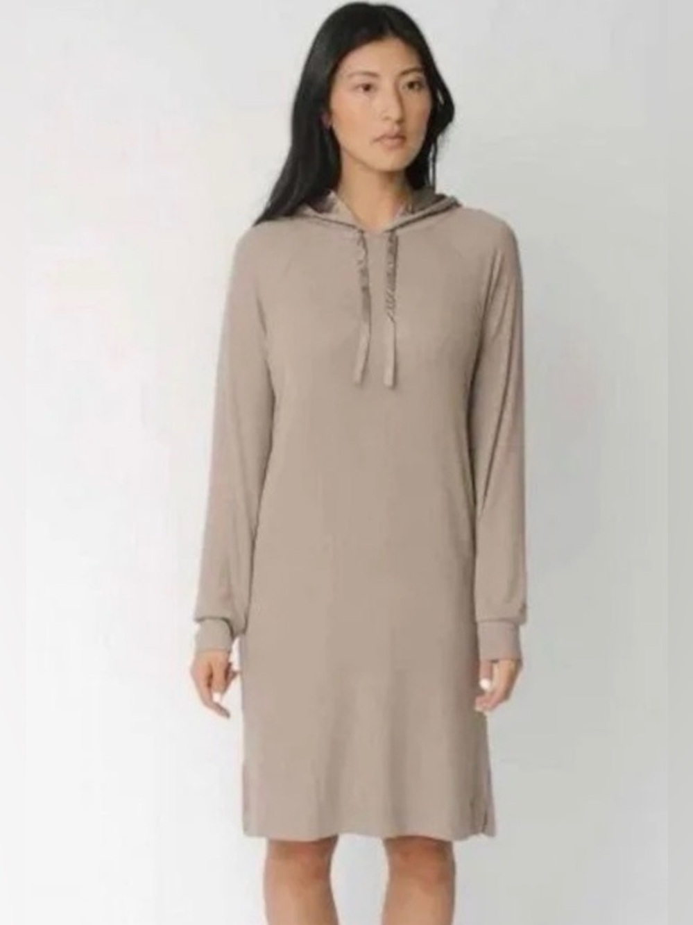 Cozy Earth Ribbed Bamboo Hoodie Dress Satin-Lined Hood Tan Sz Med Neutral Luxe